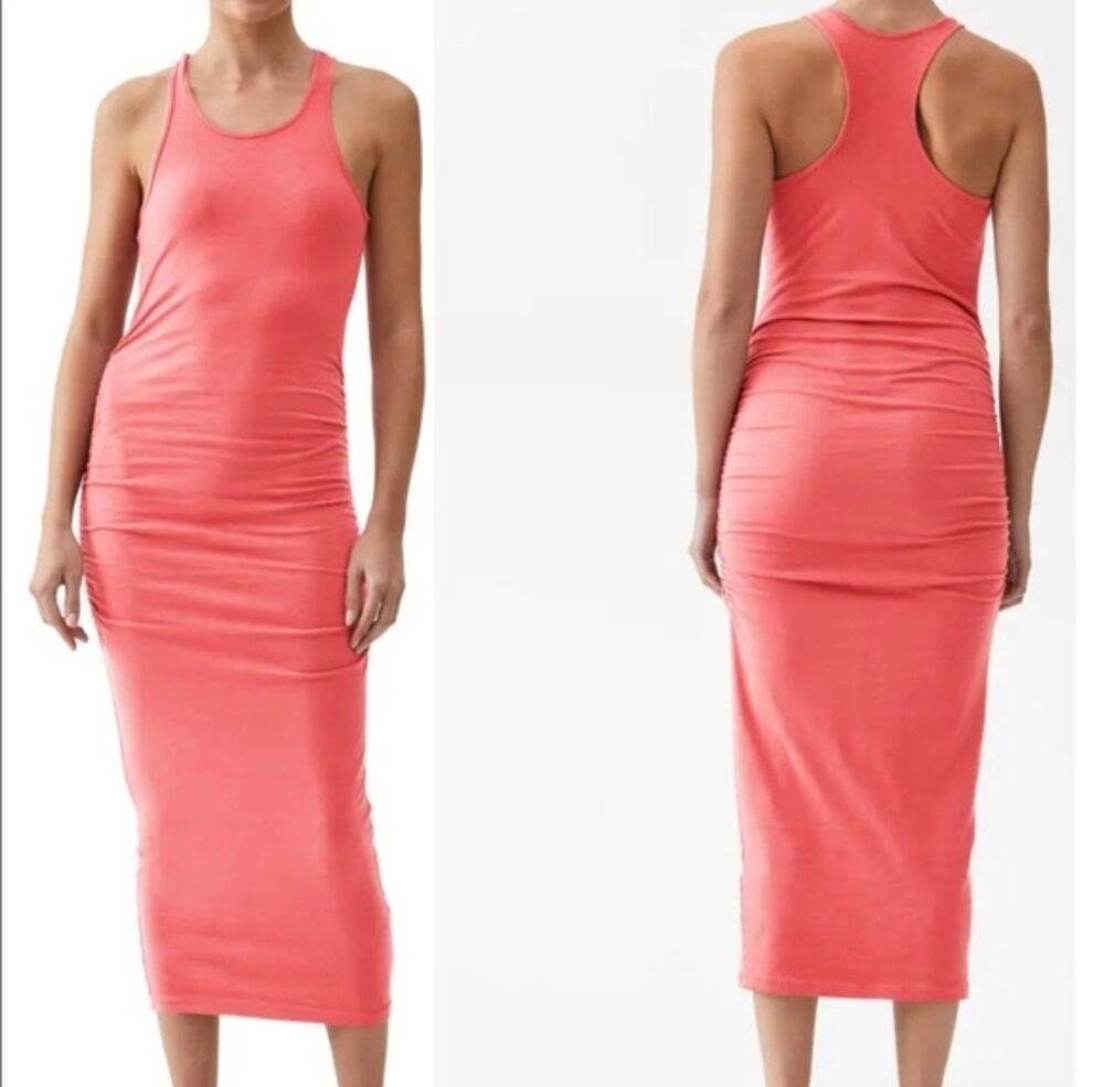 Michael Stars Womens Racerback Side Ruched Tank Dress Neon Coral Petite XSP USA
